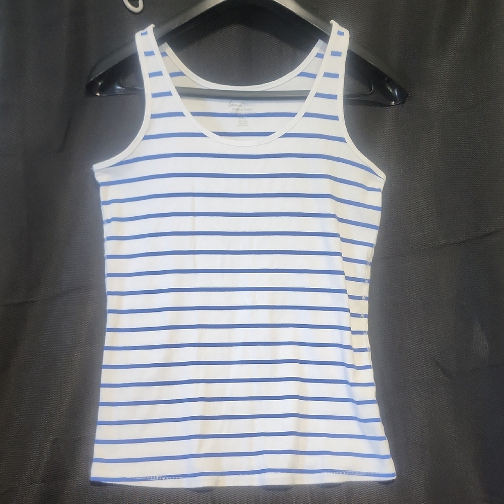 Lane Bryant White and Blue Fitted Tank Top